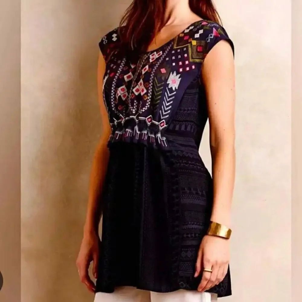 Anthropologie one September embroidered navy tunic blouse